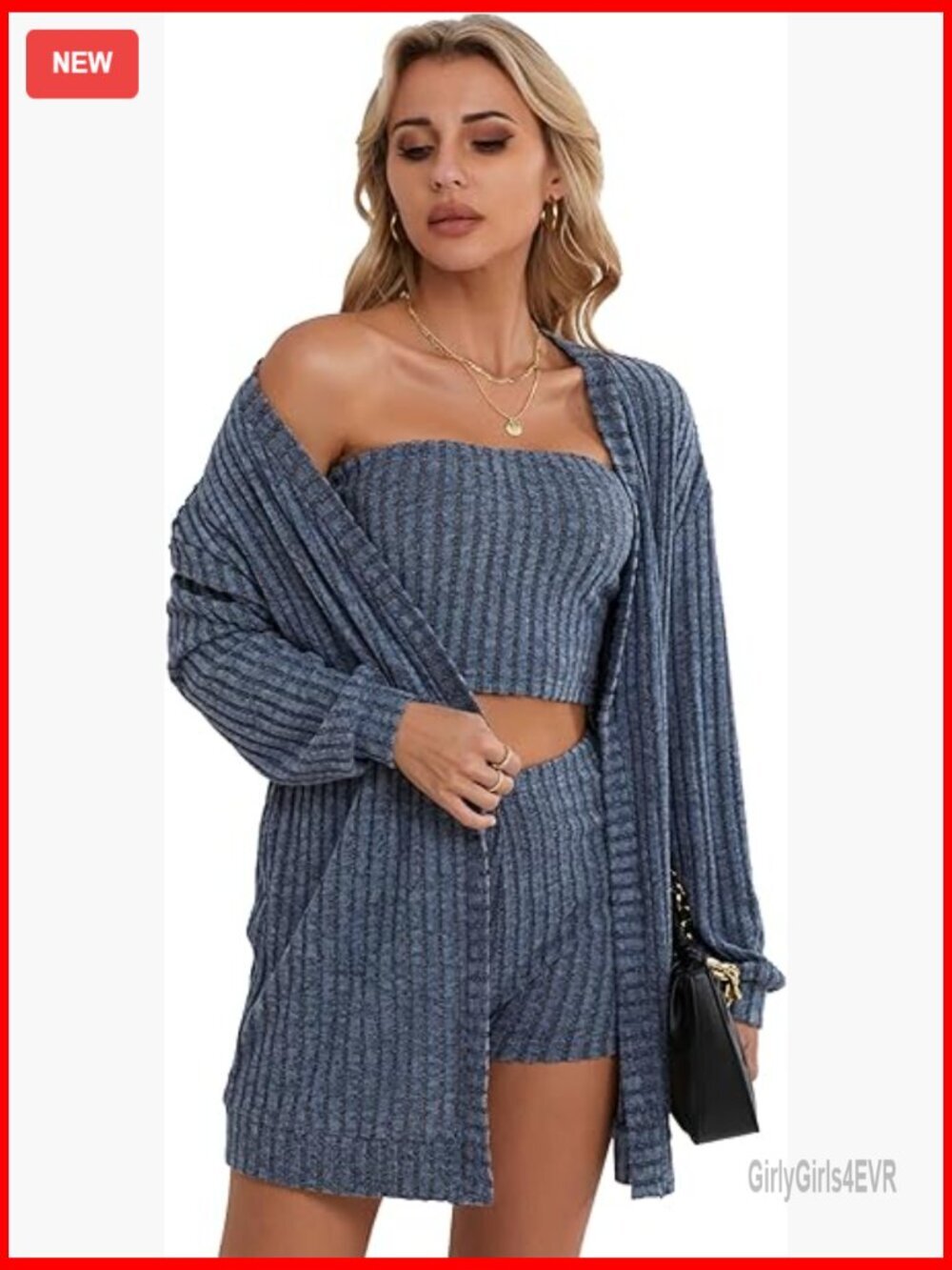 3 Piece Ribbed Knit Lounge Set Cardigan Tube Top Shorts